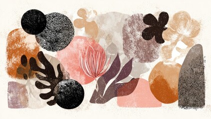 Abstract digital collage of organic shapes, textures, and muted earth tones