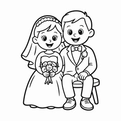 Cartoon wedding couple bride and groom sitting together holding flowers, illustration isolated on white background, Vector, illustration