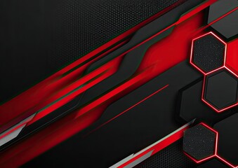 Abstract digital design with red, black, and gray geometric shapes, angled lines, and honeycomb pattern
