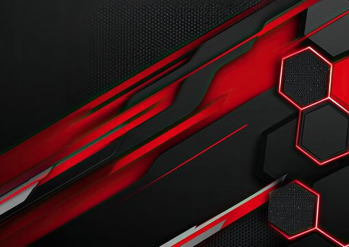 Abstract digital design with red, black, and gray geometric shapes, angled lines, and honeycomb pattern