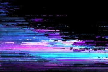 Abstract digital glitch art with vibrant neon streaks and dark background