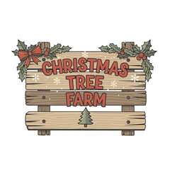 Festive Christmas Tree Farm Sign, Rustic Wood Holiday Decor with Holly and Snowflakes, Perfect for Seasonal Advertising and Charming Winter Celebrations