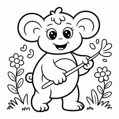 Cute cartoon bear cub holding a paintbrush and flowers, coloring book style drawing isolated on white background, Vector, illustration