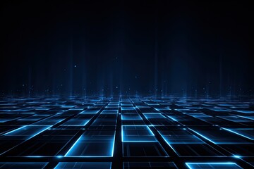 Abstract digital landscape featuring a glowing grid and vertical light beams, dark blue