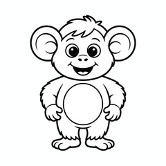 Cartoon monkey standing and smiling, isolated on white, simple line art for kids isolated on white background, Vector, illustration