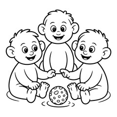 Three happy cartoon babies sitting together playing with a patterned ball, black and white art isolated on white background, Vector, illustration