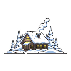 Cozy winter cabin escape nestled among snow-covered trees, radiating warmth and inviting relaxation, perfect for holiday cards and seasonal designs