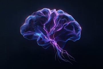 Abstract digital rendering of a glowing, translucent brain against a dark background