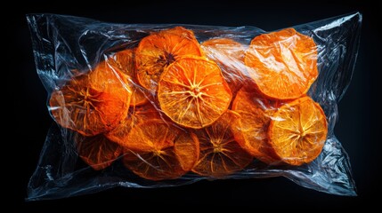 Clear plastic bag filled with dried orange slices, highlighting their rich colors and textures, ideal for culinary projects or decorative arrangements