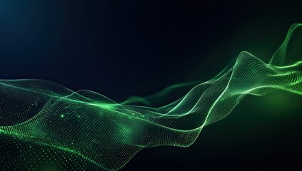 Abstract digital waves flow across a dark background, glowing green with subtle lighting