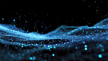 Abstract digital waves of shimmering blue particles against a stark black background