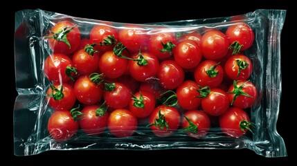 Fresh cherry tomatoes packed in clear plastic container, showcasing vibrant colors and natural shine, ideal for culinary presentations and recipes