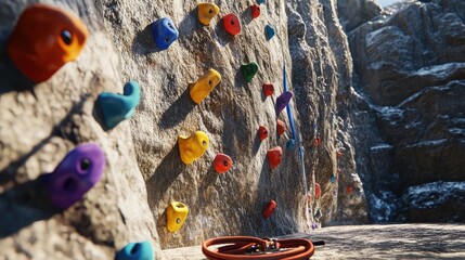 Artificial climbing wall with colorful holds and a rope, set against a rocky, outdoor backdrop