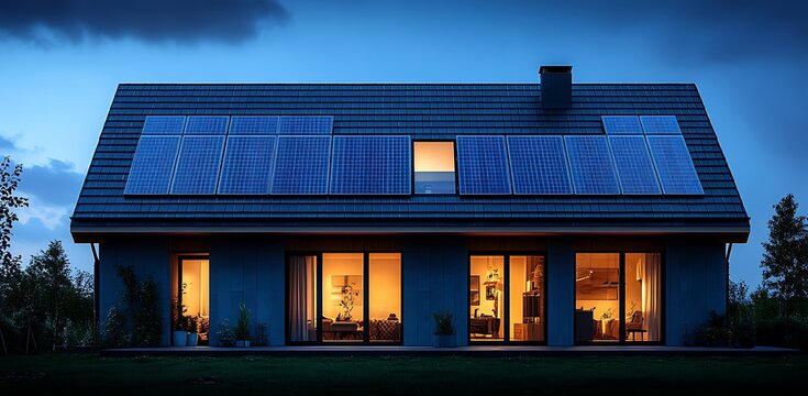 Modern house with solar panels at dusk with warm interior lights home roof
