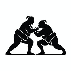 Two sumo wrestlers grappling in a silhouette, ready for a powerful combat isolated on white background, Vector, illustration