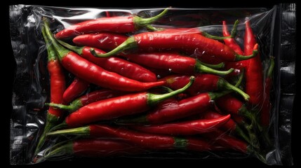 Fresh red chili peppers packed in transparent plastic, showcasing vibrant colors and textures, ideal for culinary uses and spicy dishes