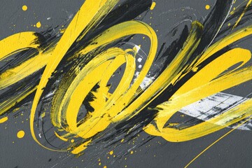 Abstract expressionist art with bold yellow & black strokes on a gray canvas