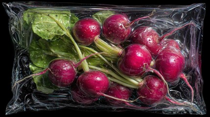 Fresh red radishes wrapped in clear plastic packaging, showcasing vibrant colors and healthy greens, perfect for culinary use and healthy eating
