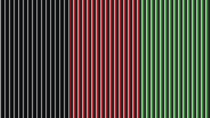 A striking visual composition of vertical lines in black red and green hues presented side by side