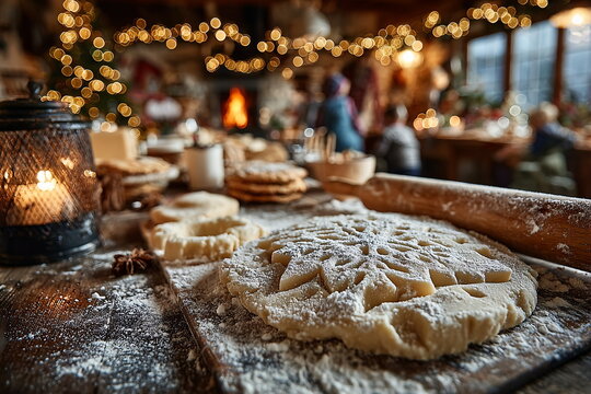 Christmas baking preparations with cookies and festive decorations in a cozy kitchen setting