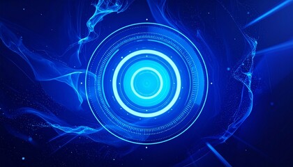 Obraz premium 青い空間に輝く中心の円形デジタルインターフェースと周囲に広がる光の粒子や流れる波紋が近未来的な雰囲気を醸し出す