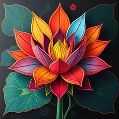 Lotus Flower, Vibrant Multi-Color Lotus Flower Artwork: Spiritual Meditation, Traditional Indian Art and Modern Floral Design