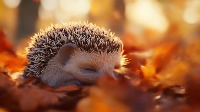 Close up of a hedgehog nestled in vibrant autumn leaves with soft lighting