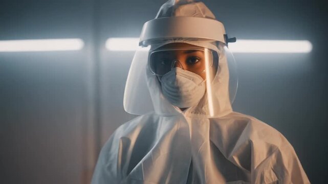 Portrait of a person wearing protective gear, including a mask and face shield, in a dimly lit environment - Powered by Adobe