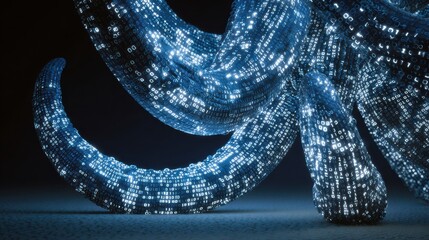 Unique Tentacles Made of Binary Code Streams Dissolve Into Deep Digital Water at Twilight
