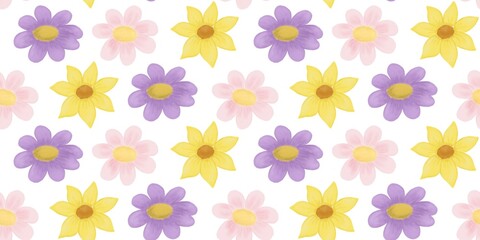 Colorful floral pattern featuring yellow and purple flowers on a light background creates a cheerful design for various uses