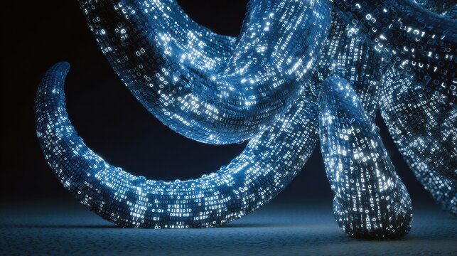 Unique Tentacles Made of Binary Code Streams Dissolve Into Deep Digital Water at Twilight