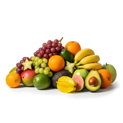 A vibrant assortment of fresh ripe fruits piled high against a clean white background