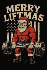 Muscular Santa Claus lifting barbell with Merry Liftmas text and American flag in Christmas gym design
