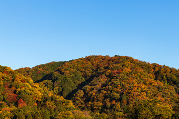 秋の京都の山と夕刻の青空・日本