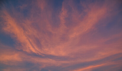 Evening sky, Sunset Summer sky clouds with colorful Pink, Orange Romantic sunlight and wide panoramic backgrounds on banner