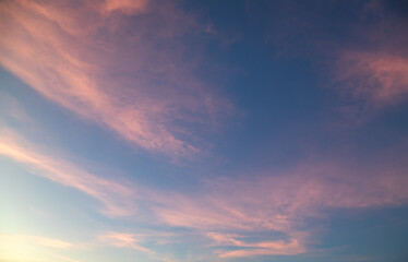 Evening sky, Sunset Summer sky clouds with colorful Pink, Orange Romantic sunlight and wide panoramic backgrounds on banner