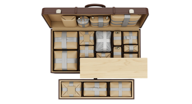 Open vintage suitcase with wrapped gifts inside, neatly arranged for presentation