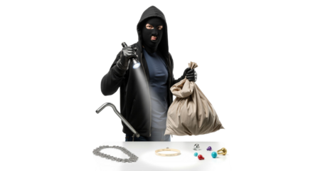 Studio shot of a burglar with a flashlight and loot bag against a white background