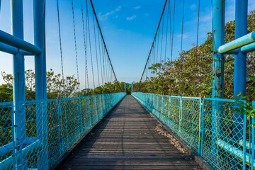 Obraz premium The blue sky echoes the blue suspension bridge.