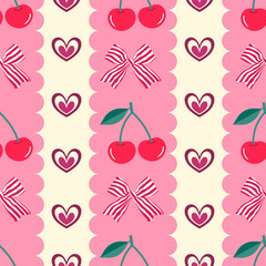Cherry and ribbon valentine stripe pattern with cute hearts and scalloped pink borders for background 