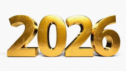  &ldquo;2026&rdquo; in ultra-realistic 4D metallic gold text on a plain white background
