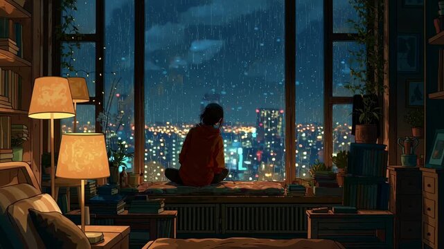 Contemplative Nighttime Scene of a Person Sitting in a Cozy Indoor Space