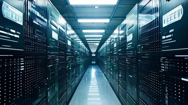 Camera moves through data center corridor with glowing blue lights, showing endless rows of servers and futuristic technology. Modern data servers blink in dark hallway, digital power, speed internet.