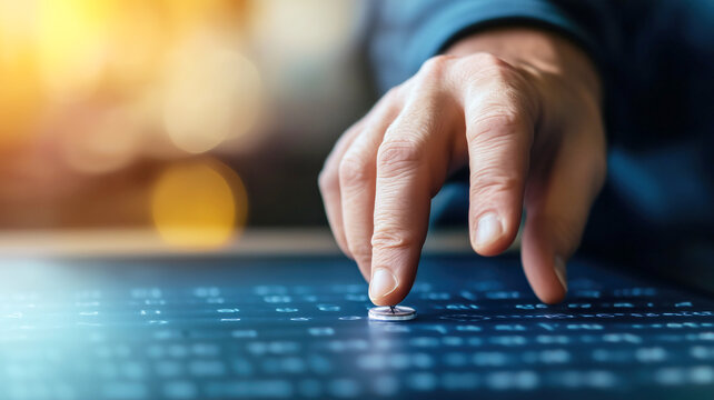 Close-up of hand interacting with futuristic touchscreen interface - Powered by Adobe