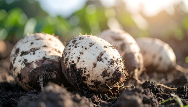 Freshly harvested white yams or taro roots covered in dark soil resting on fertile ground outdoors