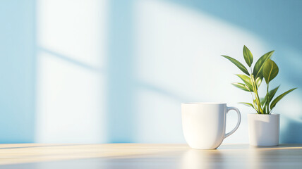 Minimalist white mug and potted plant on sunlit blue background