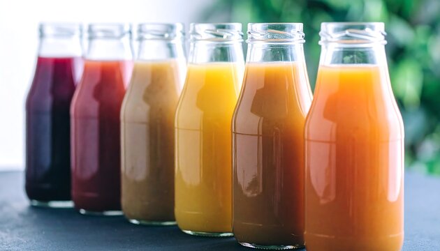 Row of six glass bottles filled with assorted colorful fresh juices lined up outdoors