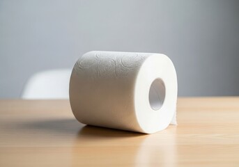 Single roll of embossed white toilet paper placed on wooden table against gray background for bathroom hygiene personal care and household supply