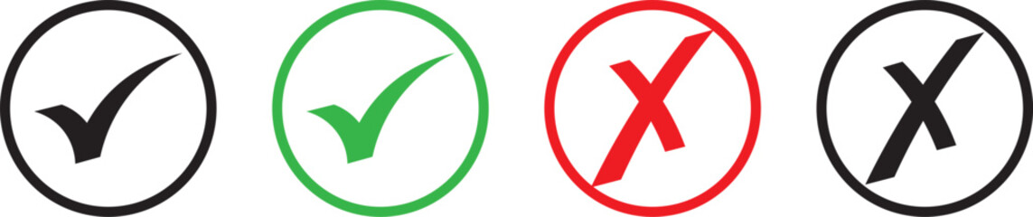 Tick, cross icon set. Yes or no symbol, approved or rejected icon for user interface. Green tick and red cross checkmarks. Green tick and red cross checkmarks. Right or wrong icons

