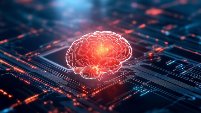 Futuristic digital brain interface with glowing network connections in technology concept - Powered by Adobe